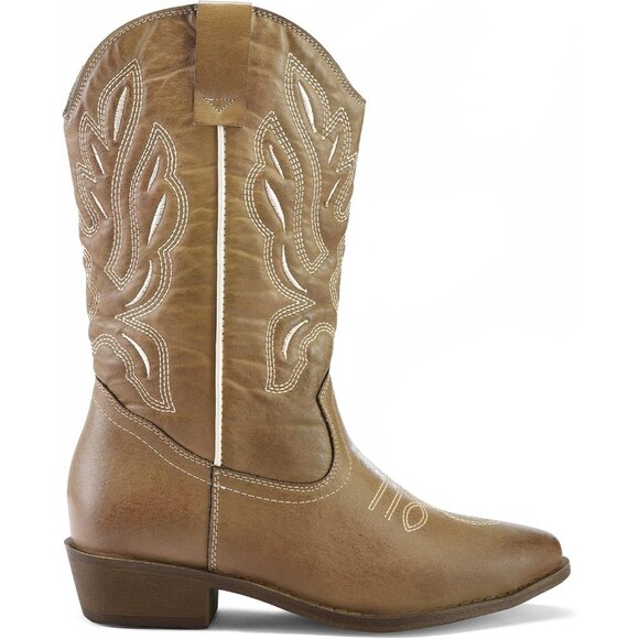 mysoft Women's  Light Brown Western Cowboy Boots Mid Calf Pointed Toe Cowgirl - Picture 2 of 7